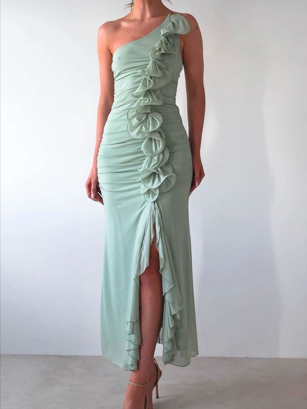 One-Shoulder Ruffle Slit Dress - Picture 3 of 12
